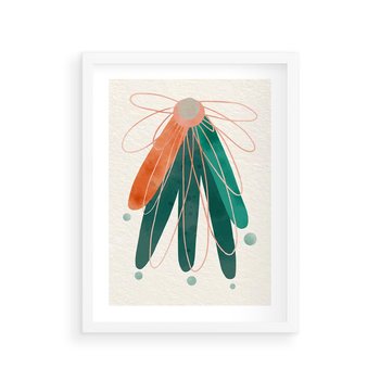 Plakat w ramie 50x70 - Energetyczna Harmonia Kwiatów - akwarelowe abstrakcyjne kształty, zieleń i pomarańcz - rama biała