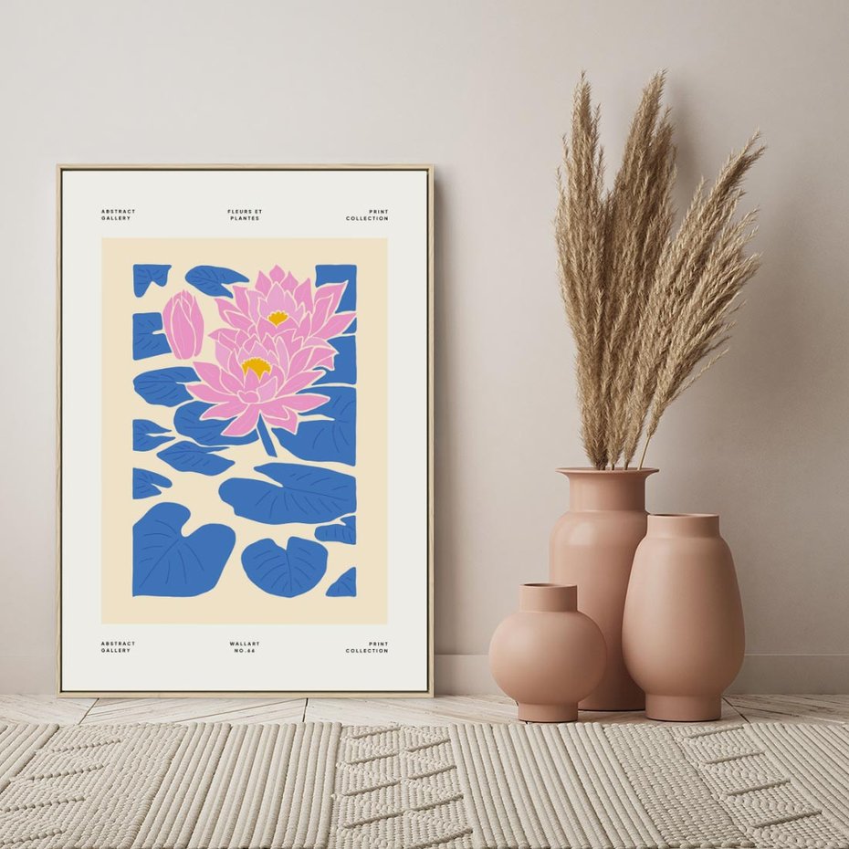 Obraz w ramie 50x70 - Rozświetlone Odbicia - lilie wodne, pastelowe kolory - rama drewno