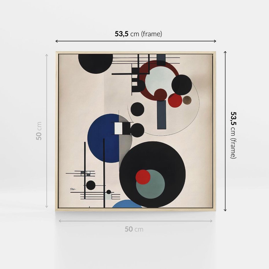 Obraz w ramie 50x50 - Rozkwitające Wibracje Wyobraźni - abstrakcyjna geometryczna kompozycja, koła linie - rama drewno