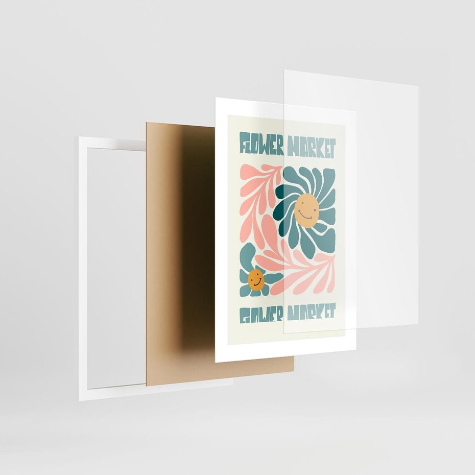 Plakat w ramie 30x40 - Harmonia płatków kwiatów - kwiatowa retro kompozycja, pastelowe kolory - rama biała