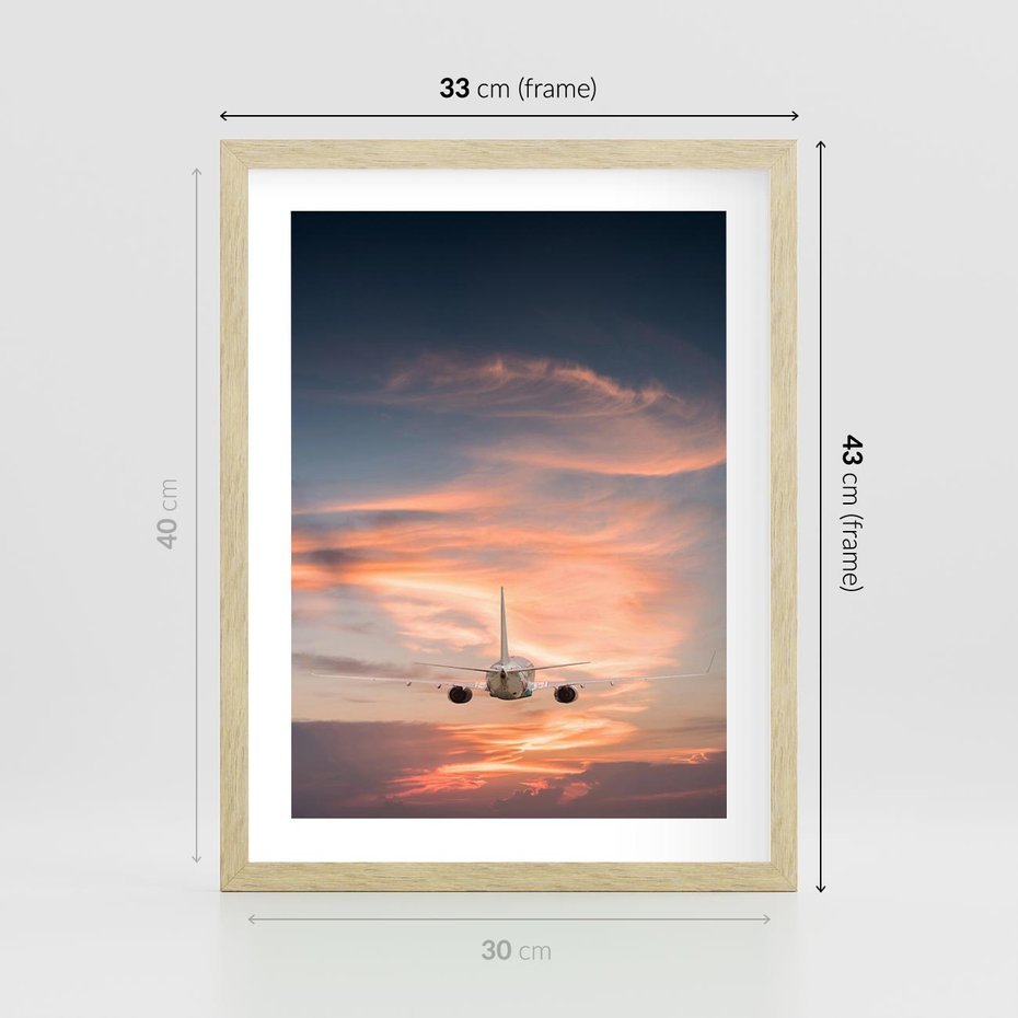 Plakat w ramie 30x40 - Podróż w Kierunku Słońca - samolot, samolot w powietrzu - rama drewno