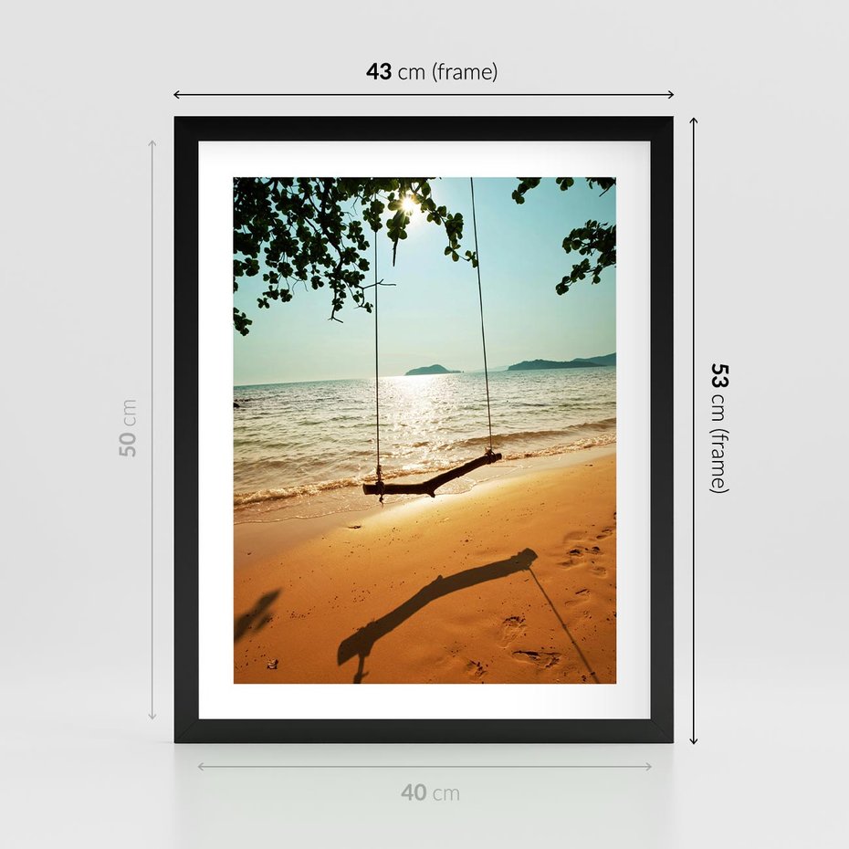 Plakat w ramie 40x50 - Tropikalna plaża i huśtawka - plaża, tropiki - rama czarna