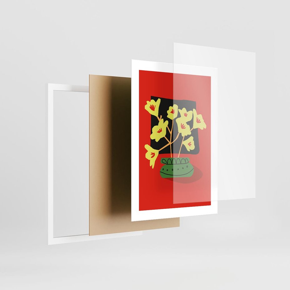 Plakat w ramie 30x40 - Abstrakcyjne Przenikanie - abstrakcyjne kwiaty, czerwone tło - rama biała