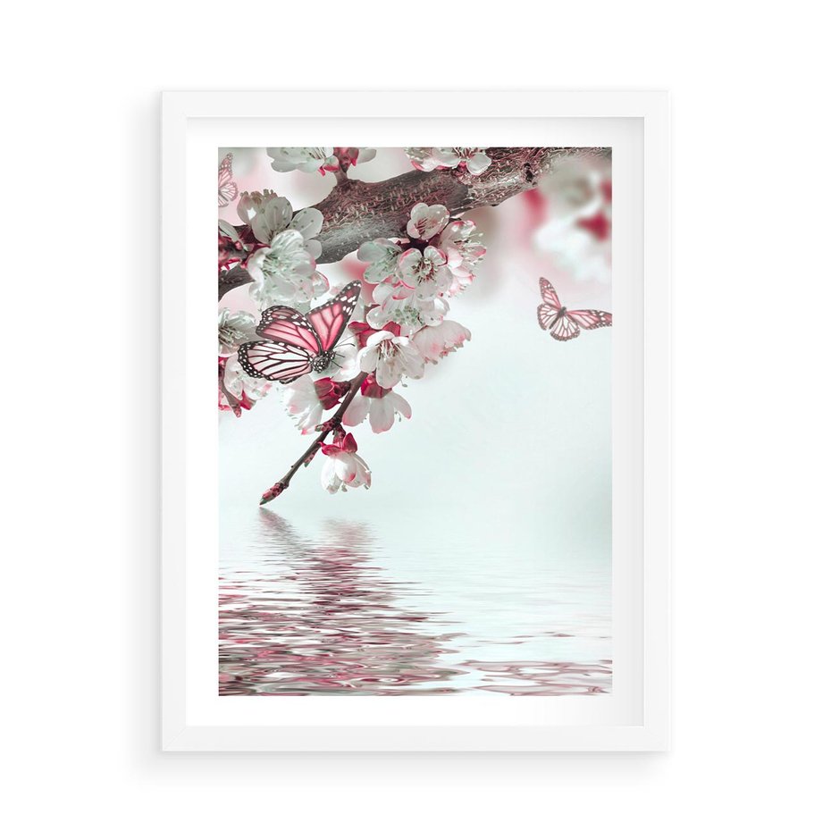 Plakat w ramie 50x70 - Kwiatowa baśń z motylami - kwiaty, motyle - rama biała