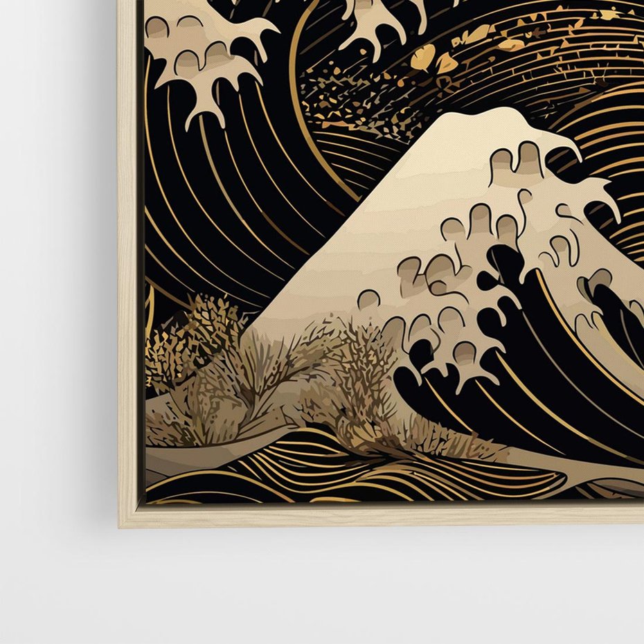 Obraz w ramie 80x80 - Złote Piękno - ciemny obraz, fala morska - rama drewno