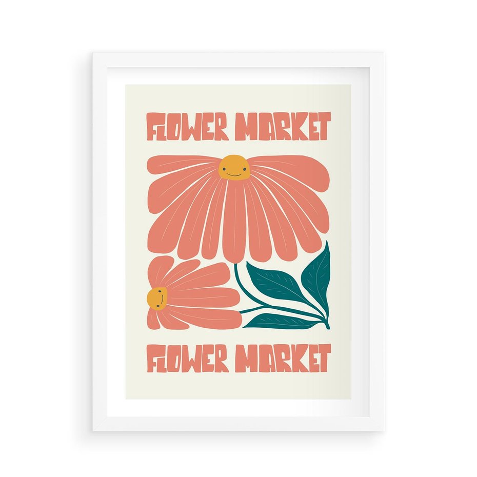 Plakat w ramie 50x70 - Retro Radość - typografia, wesołe kwiaty - rama biała