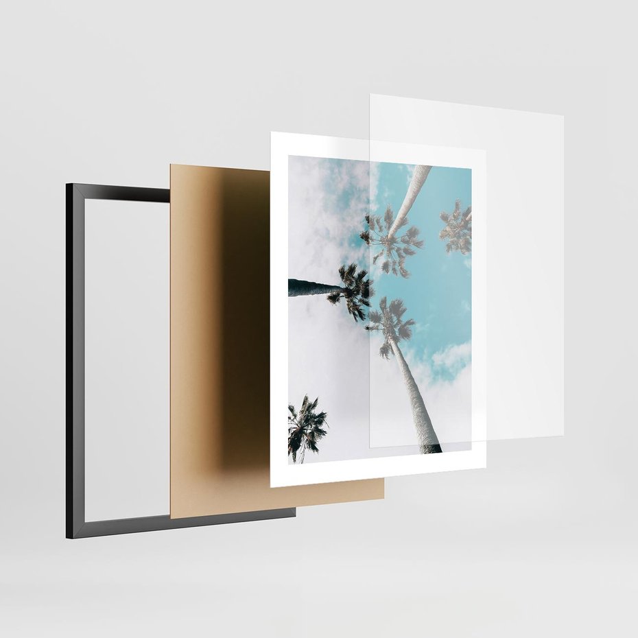 Plakat w ramie 40x50 - Palmy w Gorącym Niebie - palmy, ujęcie z dołu - rama czarna