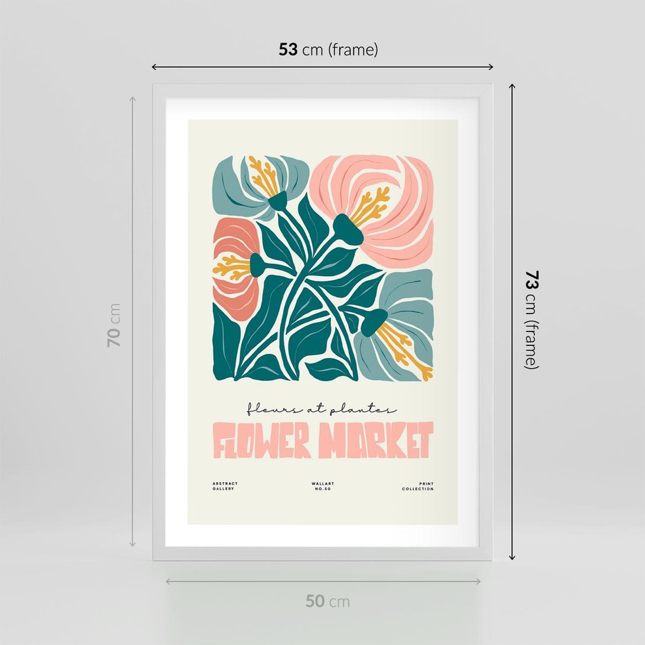 Plakat w ramie 50x70 - Taniec Kształtów - kwiaty, abstrakcyjna kompozycja - rama biała