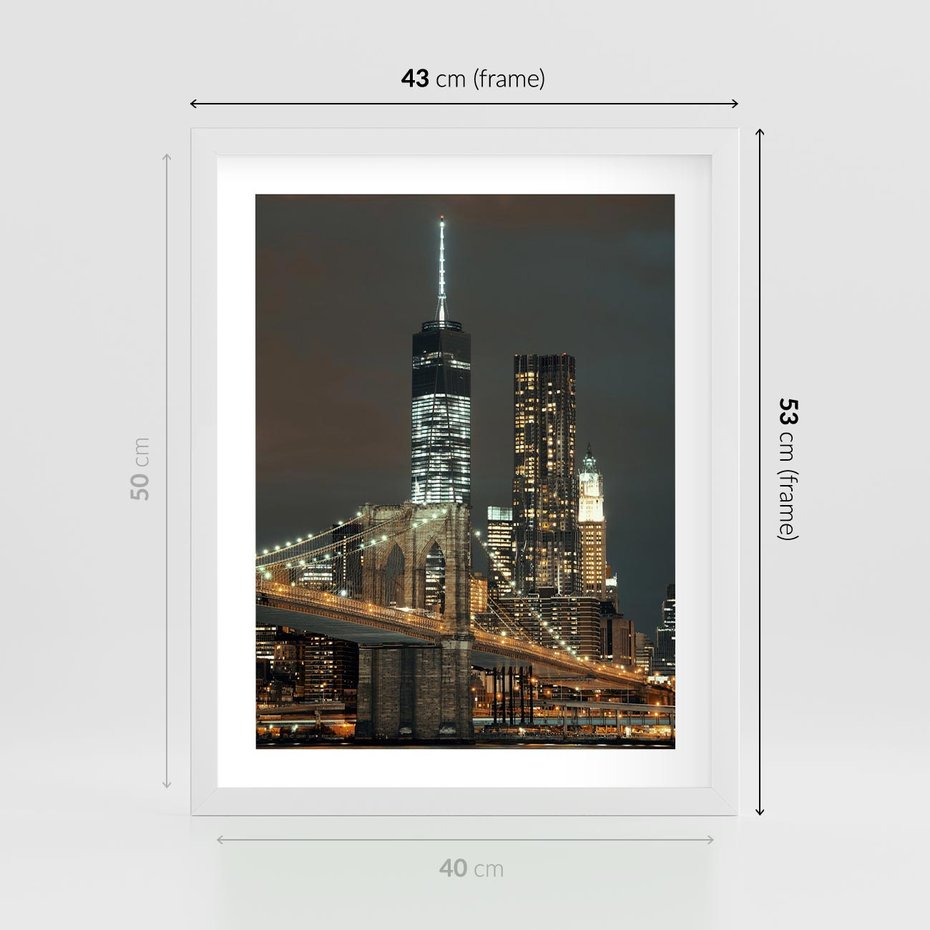 Plakat w ramie 40x50 - Miasto rozświetlone nocnym blaskiem - miasto, nocą - rama biała