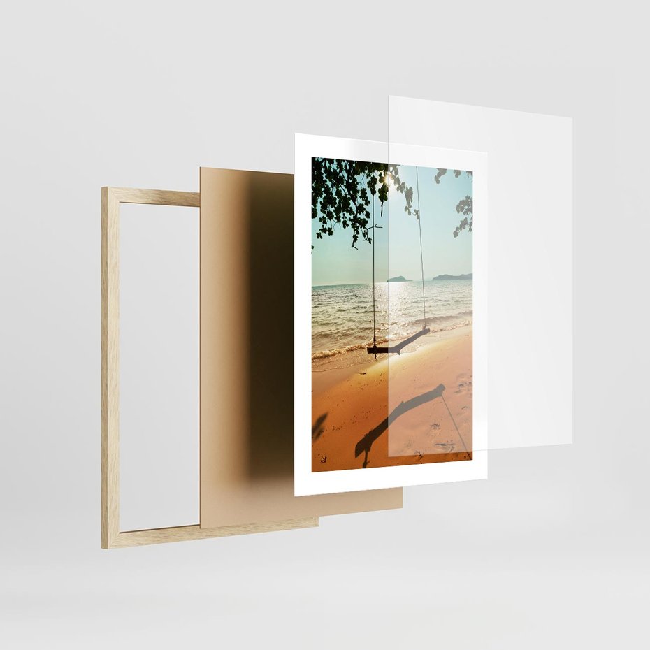 Plakat w ramie 30x40 - Tropikalna plaża i huśtawka - plaża, tropiki - rama drewno