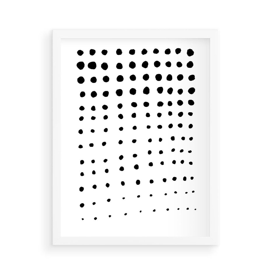 Plakat w ramie 50x70 - Abstrakcyjna Transformacja - abstrakcyjna kompozycja z czarnych kropek, minimalistyczny czarno bialy plakat - rama biała