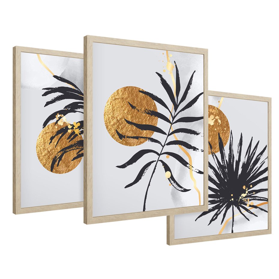 Zestaw obrazy w ramie 40x50 galeria - Liście, tropikalne, złote - rama drewno
