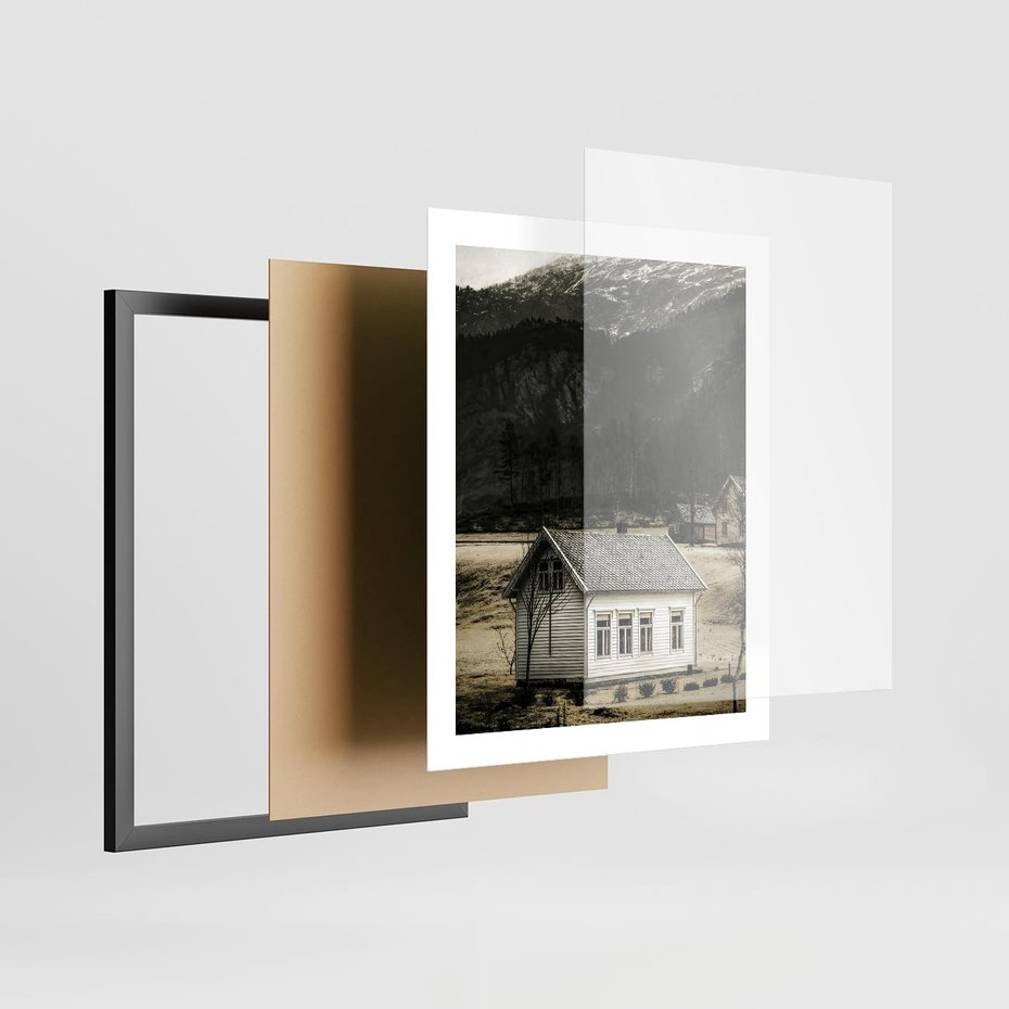 Plakat w ramie 40x50 - Ciepło i Urok Górskiego Domku - domek w górach, sepia - rama czarna