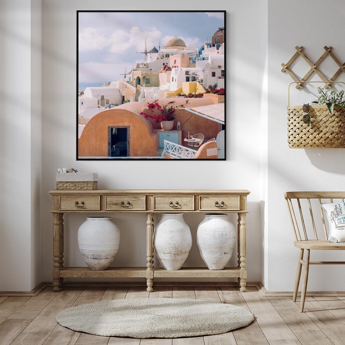 Obraz w ramie 50x50 - Błękit Morza i Białe Domki - Santorini, wyspa - rama czarna