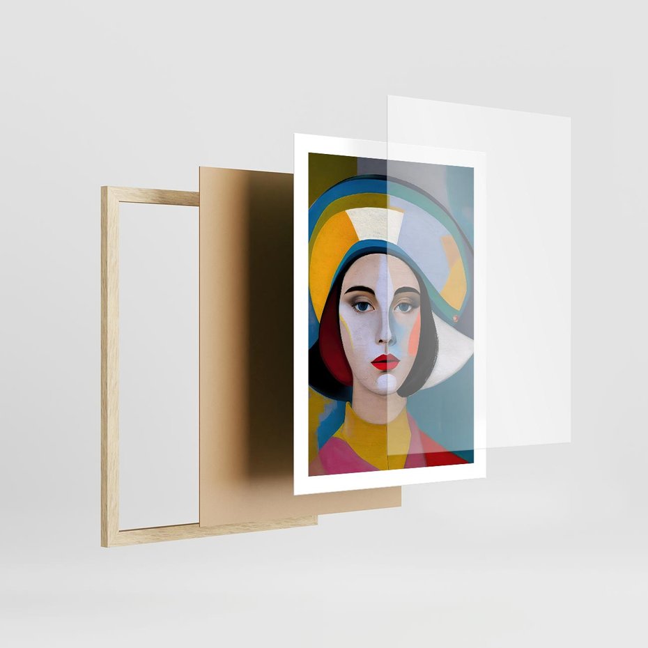 Plakat w ramie 50x70 - Kształtujące Widzenia - abstrakcyjny obraz olejny, portret twarzy kobiety - rama drewno