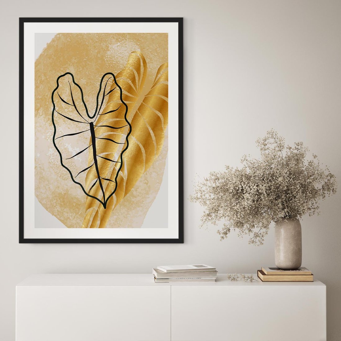 Plakat w ramie 40x50 - Monstera w Złocie - złote liście monstery, grafika - rama czarna