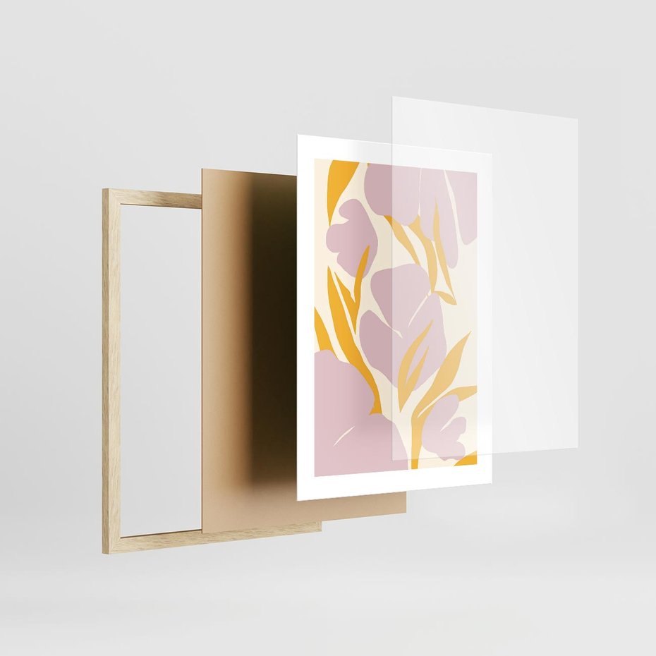 Plakat w ramie 30x40 - Migocące Wibracje - abstrakcyjne kwiaty, pastelowe kolory - rama drewno