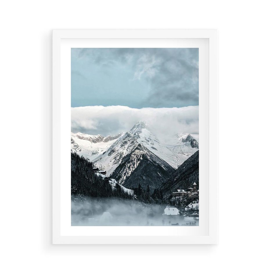 Plakat w ramie 50x70 - Magia Zimy w Górach - góry, śnieg - rama biała