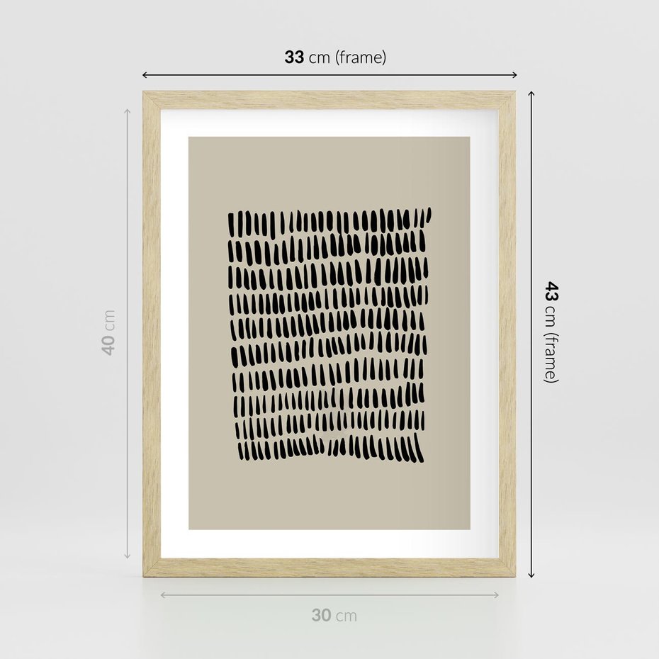 Plakat w ramie 30x40 - Energetyczne Pulsacje Nowości - boho plakat, czarne kropki kreski - rama drewno