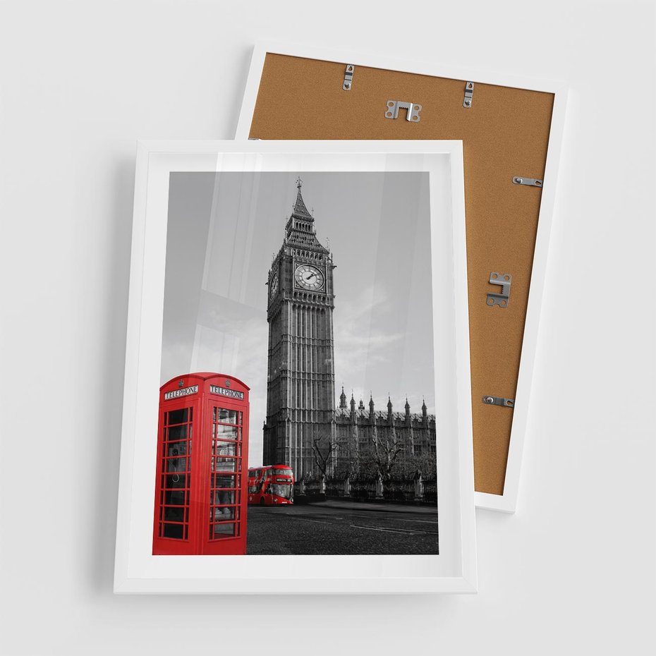 Plakat w ramie 50x70 - Budka telefoniczna przed Big Benem - budka, Londyn - rama biała