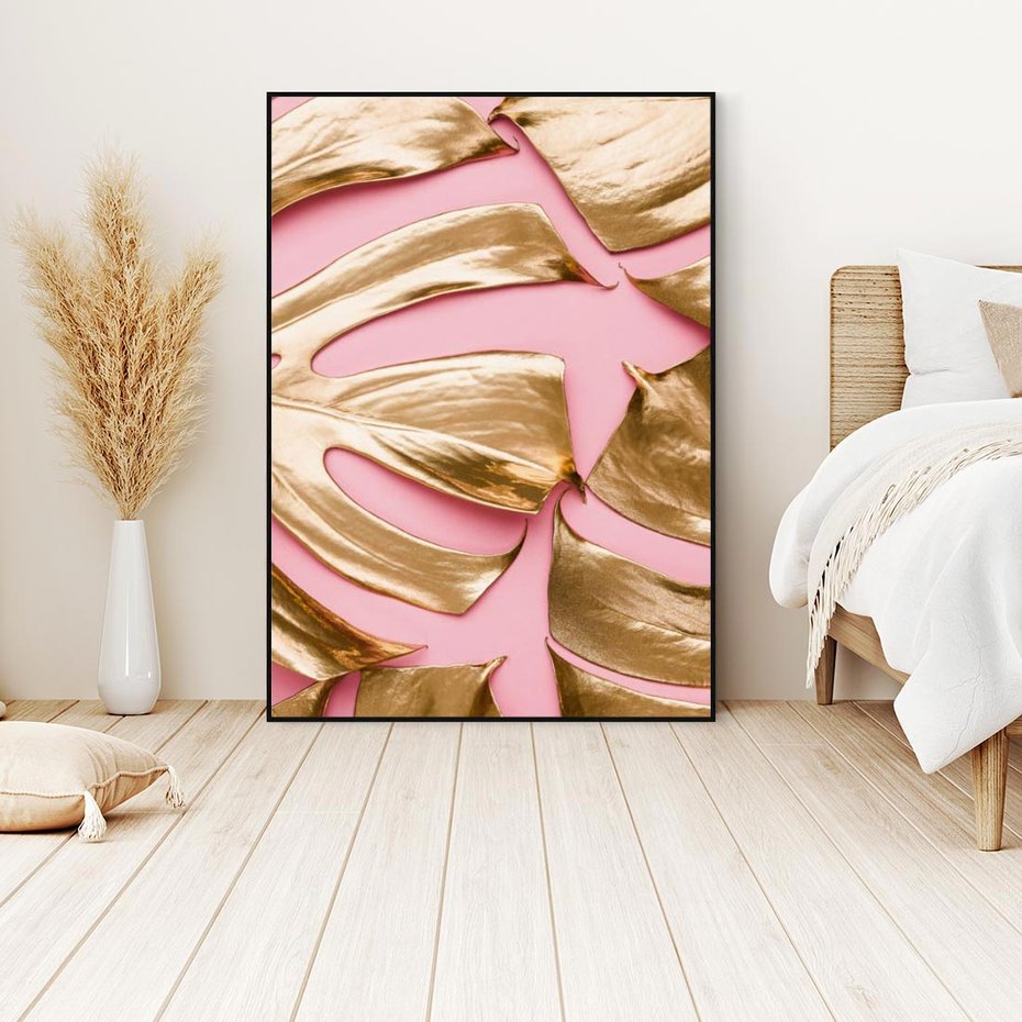 Obraz w ramie 50x70 - Przyjemność w Naturze - złote, liście - rama czarna