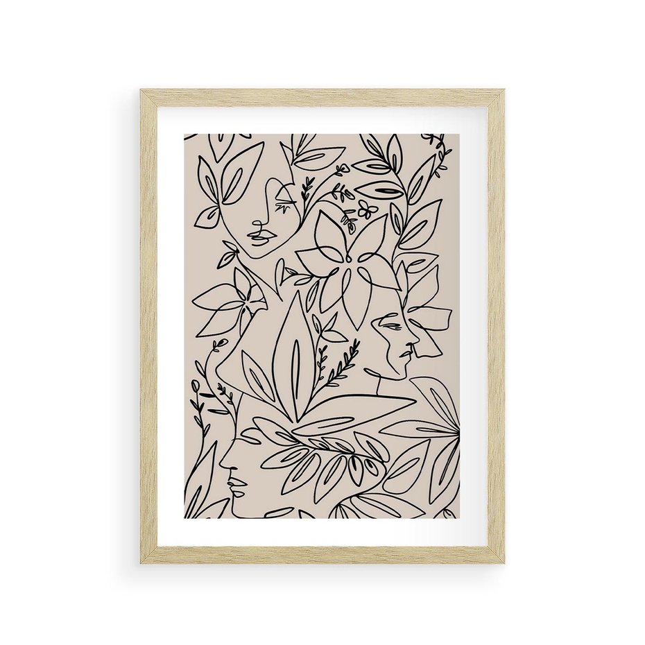 Plakat w ramie 30x40 - Kobiecy Portret Duszy - beżowe tło, czarny szkic nowoczesnych kwiatów - rama drewno