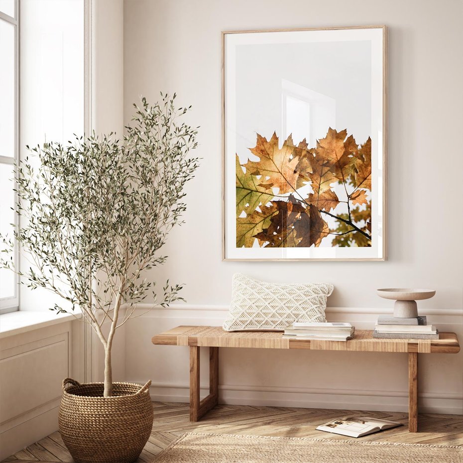 Plakat w ramie 30x40 - Suche Żółte Liście w Malowniczym Ujęciu - liście, żółte - rama drewno