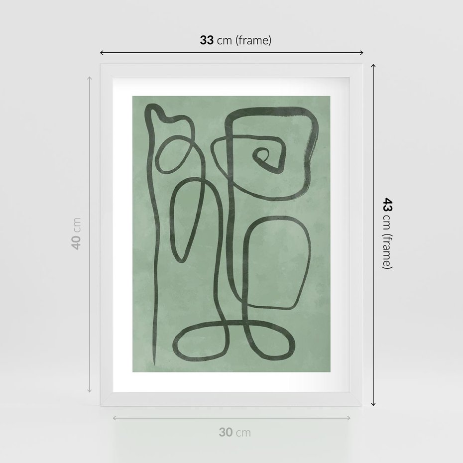 Plakat w ramie 30x40 - Zielone Wariacje w Liniach - abstrakcyjne zielone linie, skandynawski design - rama biała