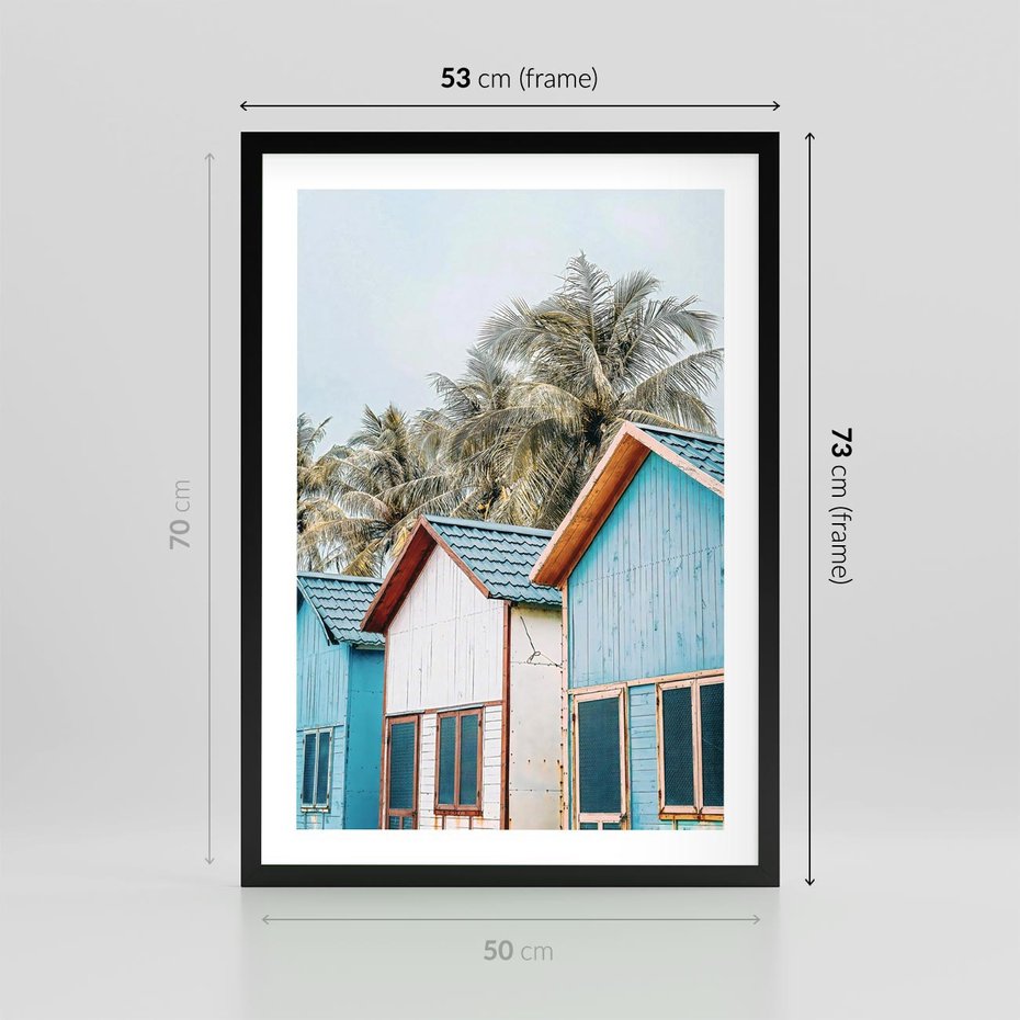Plakat w ramie 50x70 - Rajskie Wakacje - domki na plaży, błękitne domki - rama czarna