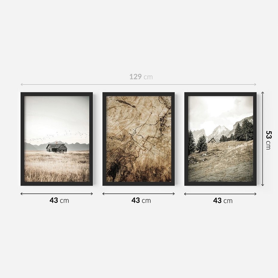 Zestaw obrazy w ramie 40x50 galeria - Rustykalne, pejzaże, góry, chatka - rama czarna