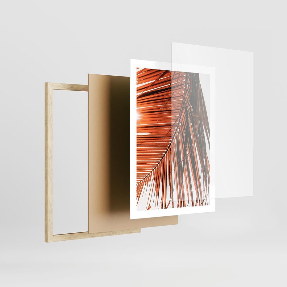 Plakat w ramie 50x70 - Słońce na Palmie - palma, promienie słońca - rama drewno