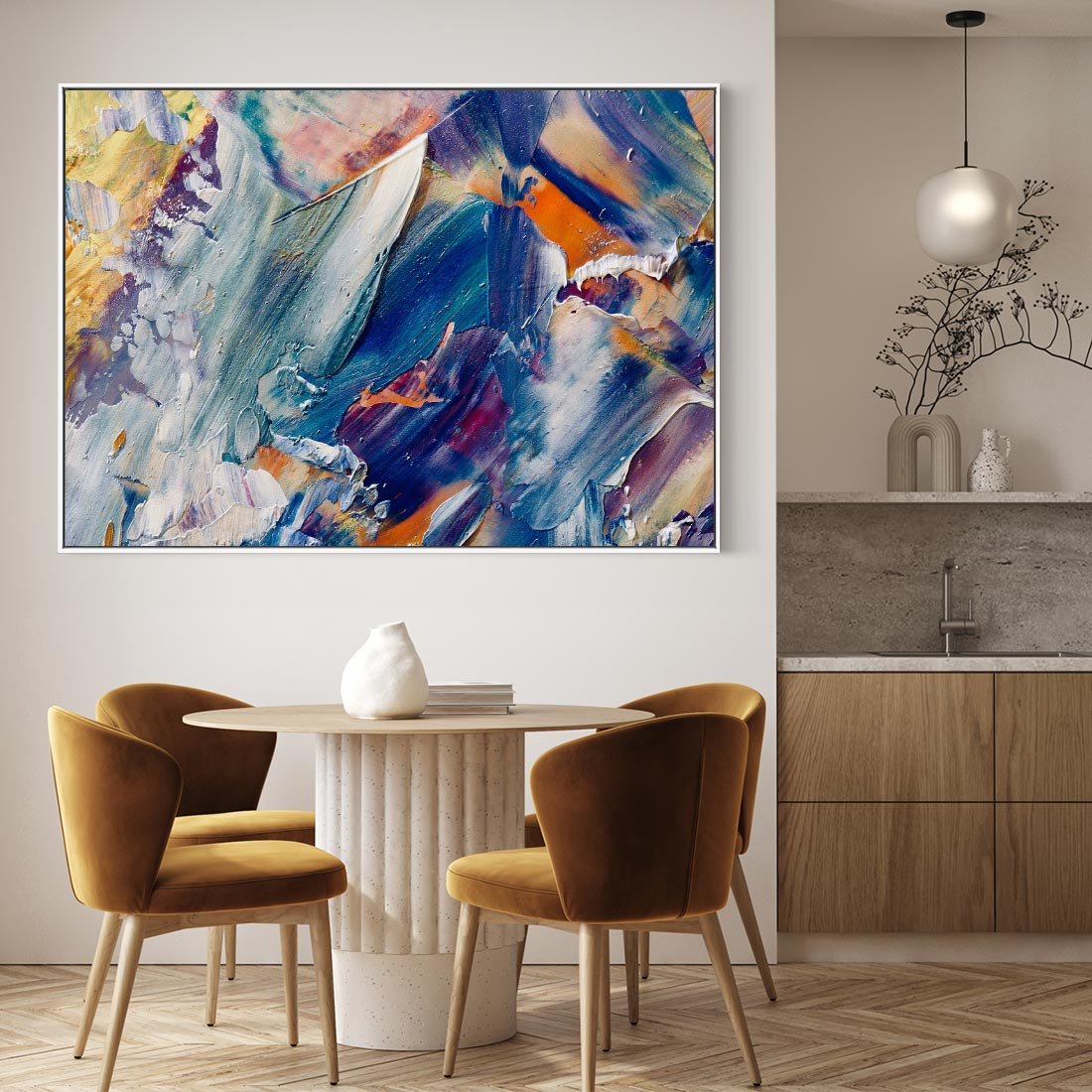 Obraz w ramie 70x50 - Rytmy ukrytych pragnień - chaos i abstrakcja, plamy koloru - rama biała
