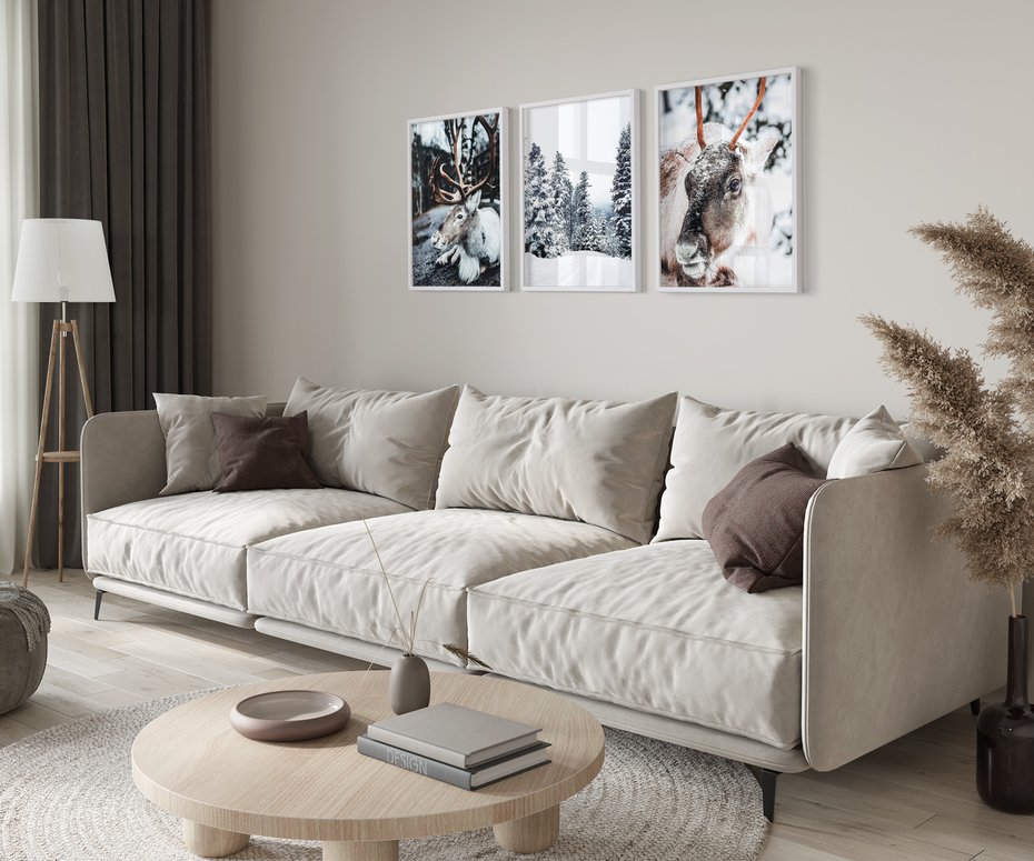 Zestaw obrazy w ramie 50x70 galeria - Renifer, zima, las, pejzaż, natura - rama biała