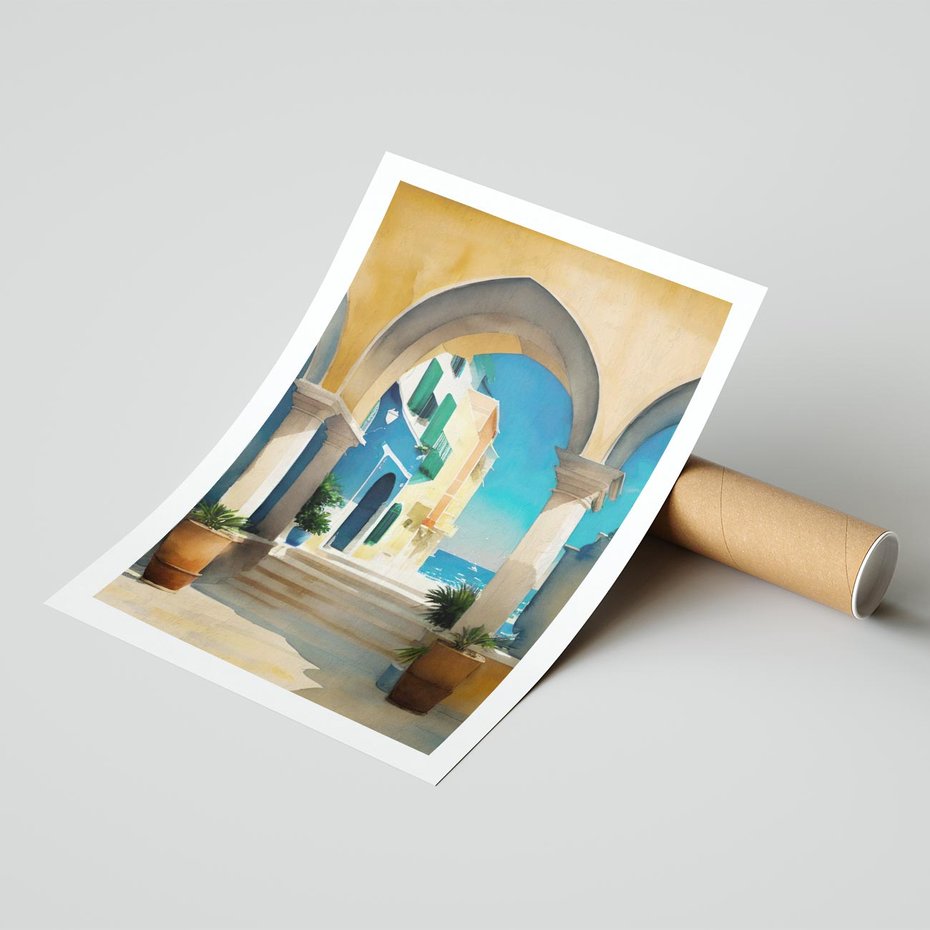Plakat bez ramy 40x50 - Nadmorskie Łuki - akwarela, śródziemnomorski klimat