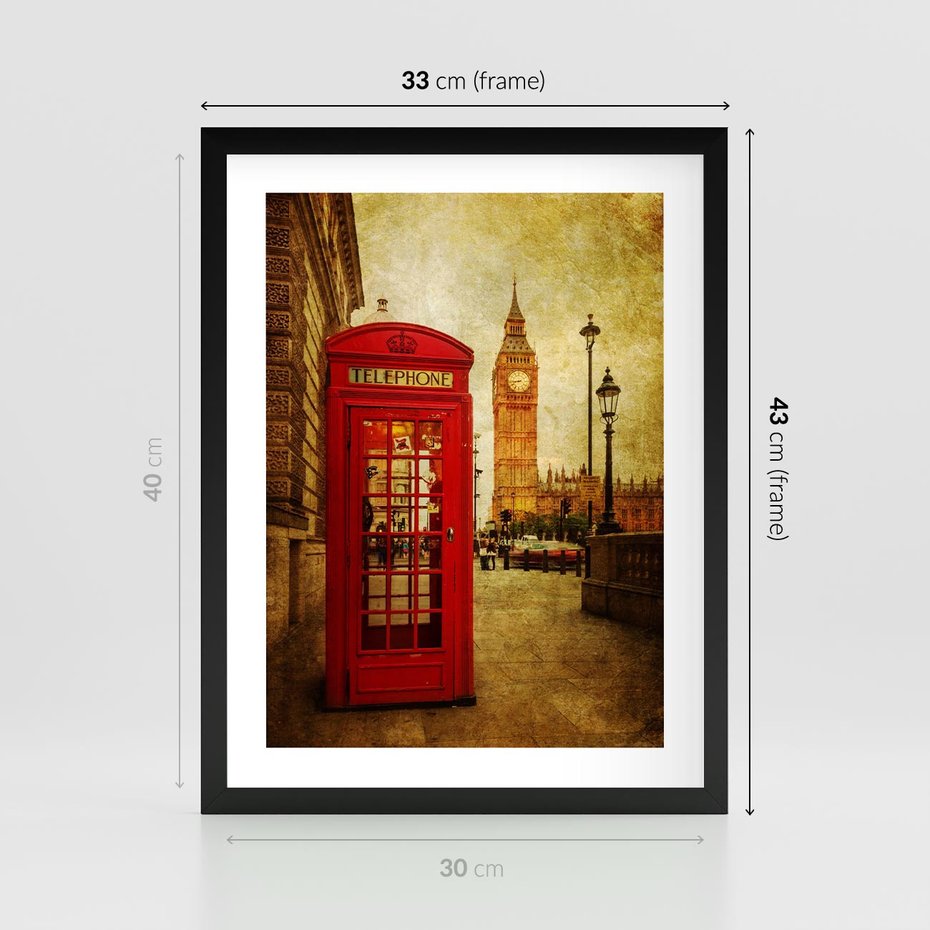Plakat w ramie 30x40 - Ikoniczna budka telefoniczna w Londynie - sepia, budka - rama czarna