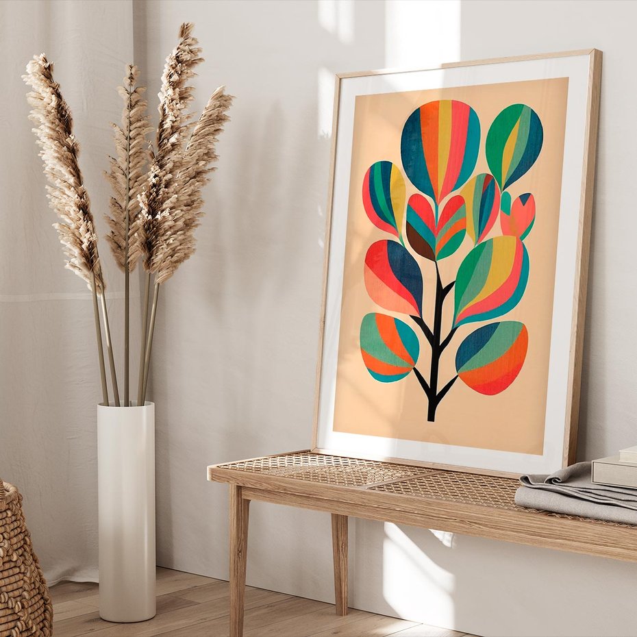 Plakat w ramie 30x40 - Harmonia Rozplątanych Form - abstrakcyjny kolorowy tęczowy obraz, inspiracje roślinne - rama drewno