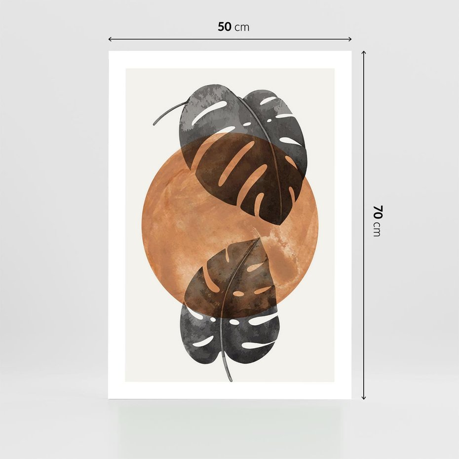 Plakat bez ramy 50x70 - Elegancja w Detalach: Miedziane Koło z Monsterą - grafika, miedziane koło