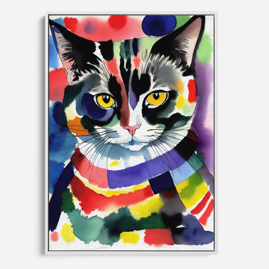 Obraz w ramie 80x120 - Koci Przyjaciel - abstrakcyjny obraz, akwarela - rama biała