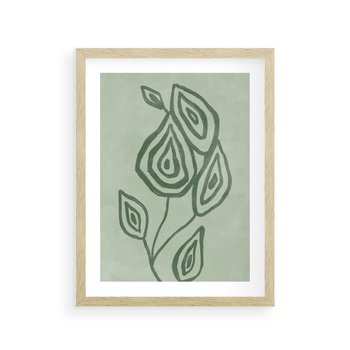 Plakat w ramie 50x70 - Szmaragdowy Oddech - abstrakcyjne delikatne zielone linie, podobne do gałęzi kwiatów - rama drewno
