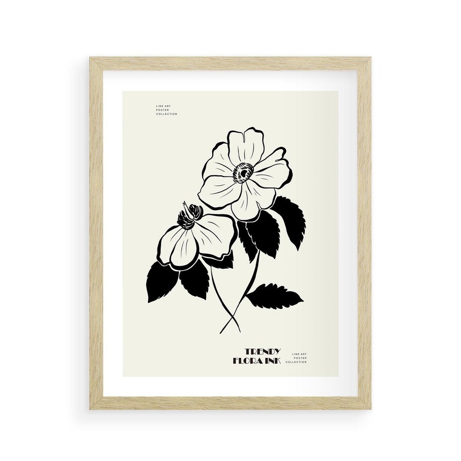 Plakat w ramie 40x50 - Poezja kwiecistej kreski - kwiaty, minimalistyczne - rama drewno