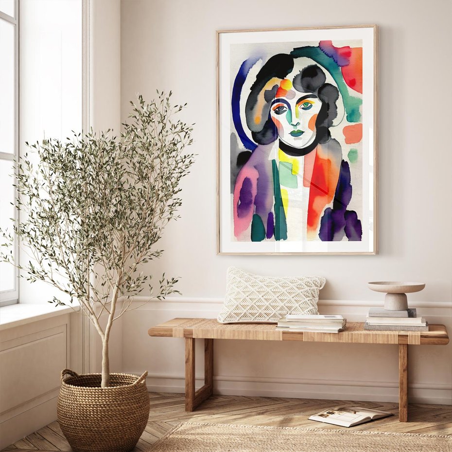 Plakat w ramie 50x70 - Subtelne Akwarelowe Ulotności - abstrakcyjny akwarelowy portret kobiety, rozmyte farby - rama drewno