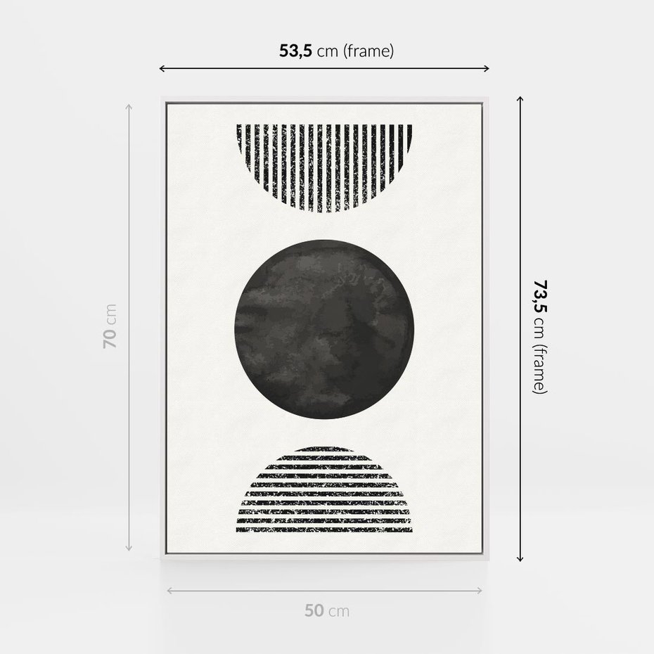 Obraz w ramie 50x70 - Tajemnicza Kompozycja - abstrakcyjne czarno białe formy, minimalizm - rama biała