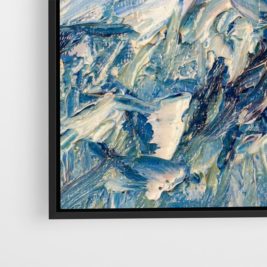 Obraz w ramie 70x100 - Majestat Błękitnych Szczytów - olejny obraz, górski pejzaż - rama czarna