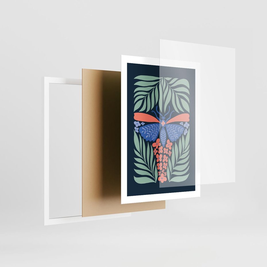 Plakat w ramie 50x70 - Granatowa Noc - granatowe tło, abstrajcyjna ćma - rama biała