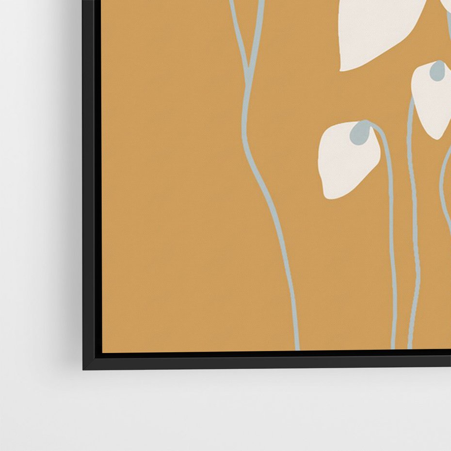 Obraz w ramie 50x70 - Kwiatowy Spektakl - minimalistyczne kwiaty, na pomarańczowym tle - rama czarna