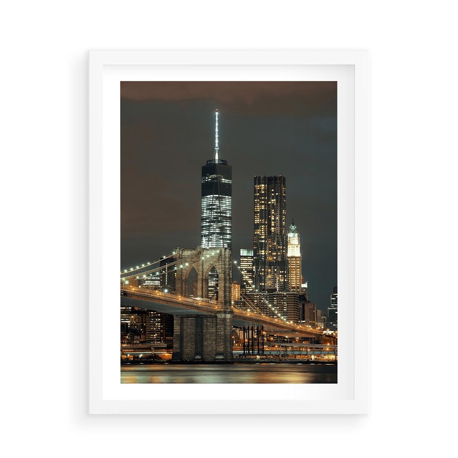 Plakat w ramie 50x70 - Miasto rozświetlone nocnym blaskiem - miasto, nocą - rama biała