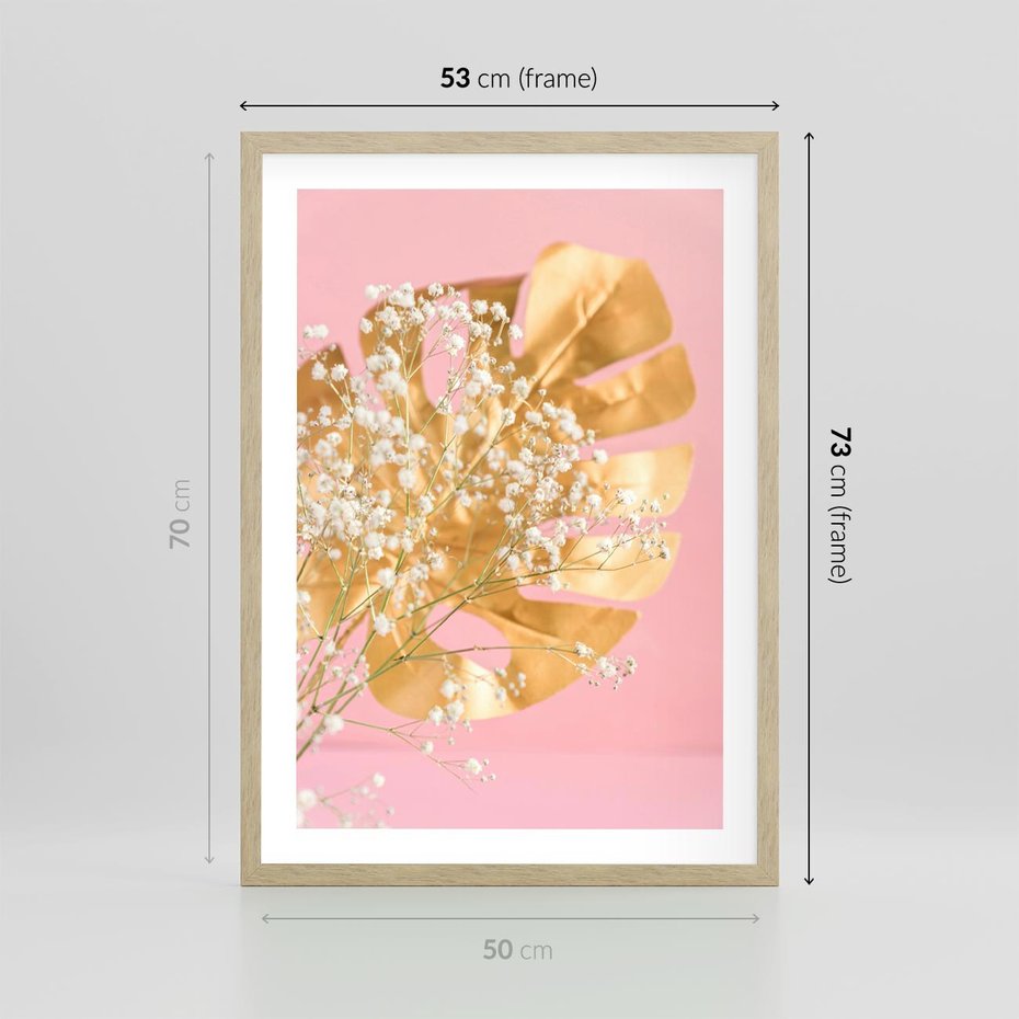 Plakat w ramie 50x70 - : Elegancja w Złocie - złote, liście - rama drewno