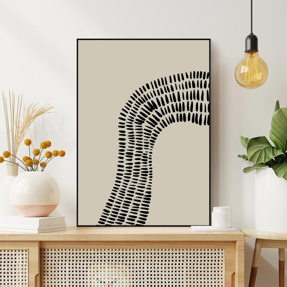 Obraz w ramie 70x100 - Migotliwa Innowacyjna Ekspresja - boho plakat, czarne kropki kreski - rama czarna