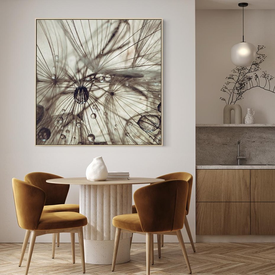 Obraz w ramie 50x50 - Lekkie dmuchawce - dmuchawce, krople - rama drewno