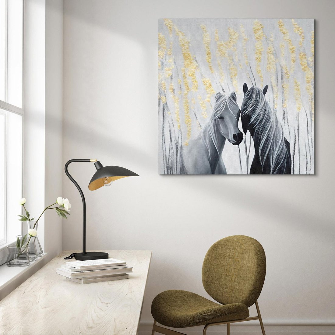 Obraz na płótnie 50x50 - Boho Marzenie - nowoczesna grafika, białe konie